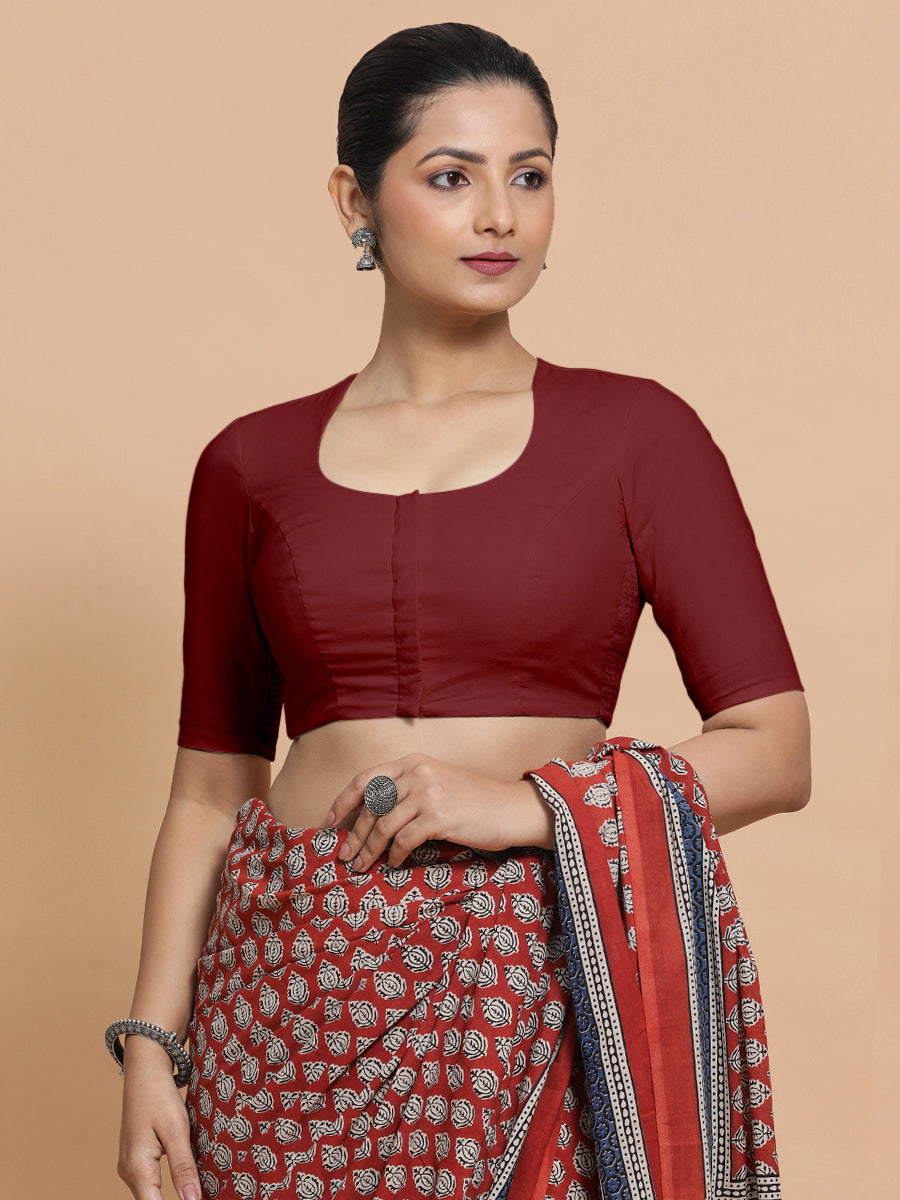 Shifa x Rozaana Saree Blouse, in Red Linen, featuring elbow sleeves and pot neckline, made for daily & work (view 7).