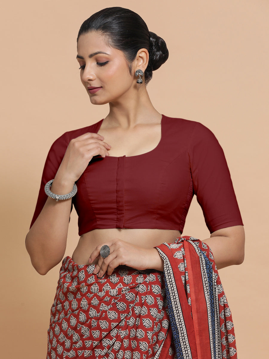 Shifa x Rozaana Saree Blouse, in Red Linen, featuring elbow sleeves and pot neckline, made for daily & work (view 8).