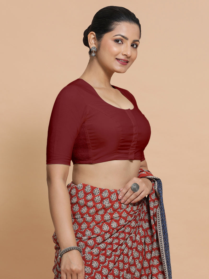 Shifa x Rozaana | Pot Neck Saree Blouse in Cranberry Red Linen-Binks