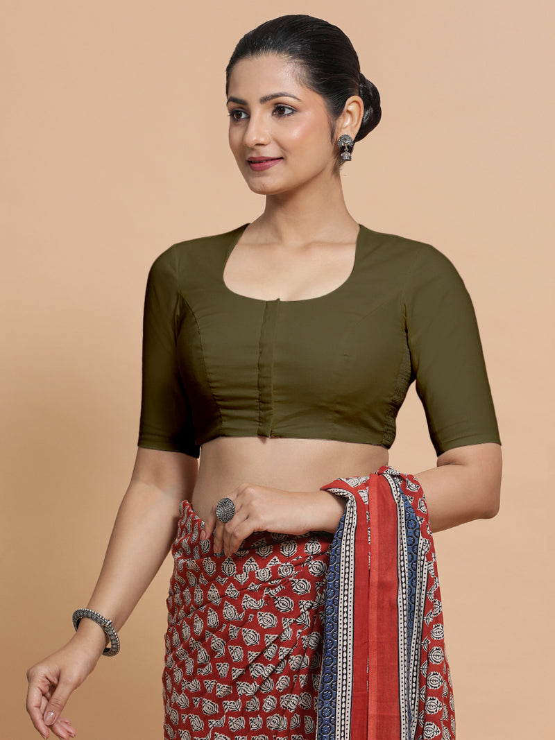 Shifa x Rozaana | Pot Neck Saree Blouse in Deep Olive Green Linen-Binks
