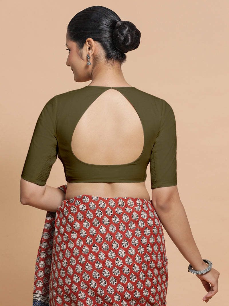 Shifa x Rozaana | Pot Neck Saree Blouse in Deep Olive Green Linen-Binks