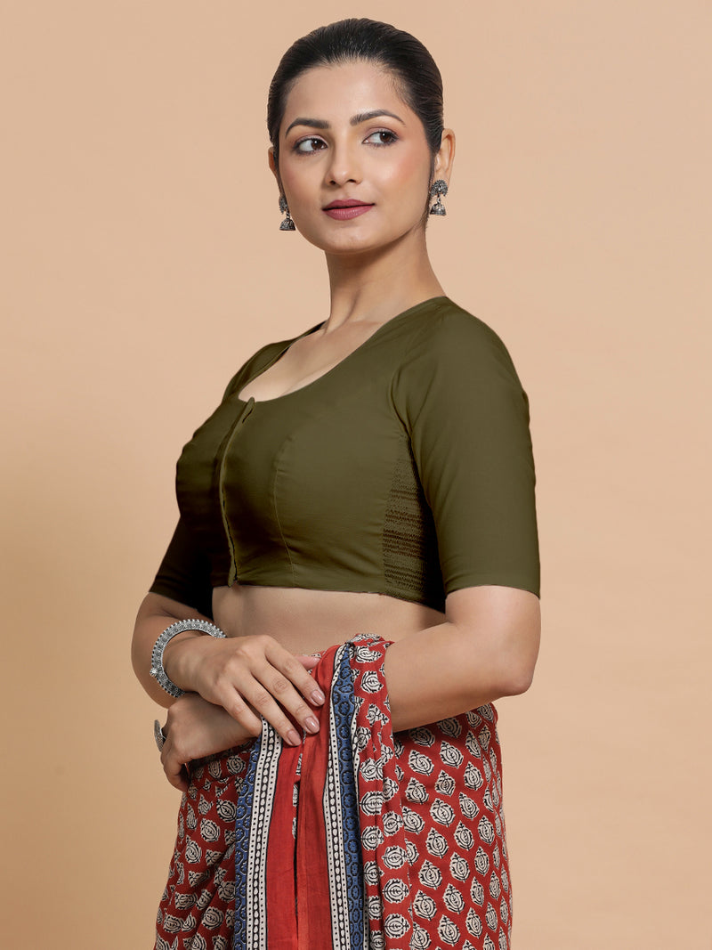 Shifa x Rozaana | Pot Neck Saree Blouse in Deep Olive Green Linen-Binks