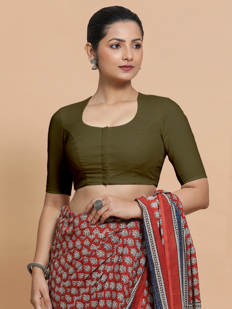 Shifa x Rozaana | Pot Neck Saree Blouse in Deep Olive Green Linen-Binks