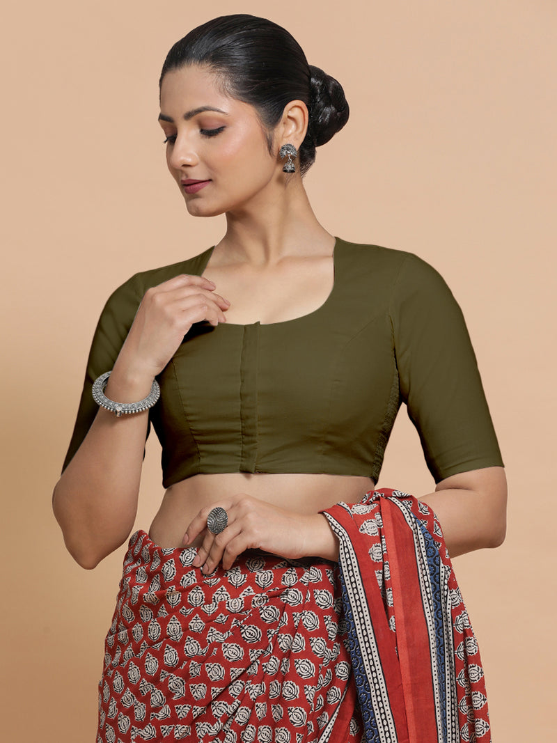 Shifa x Rozaana | Pot Neck Saree Blouse in Deep Olive Green Linen-Binks