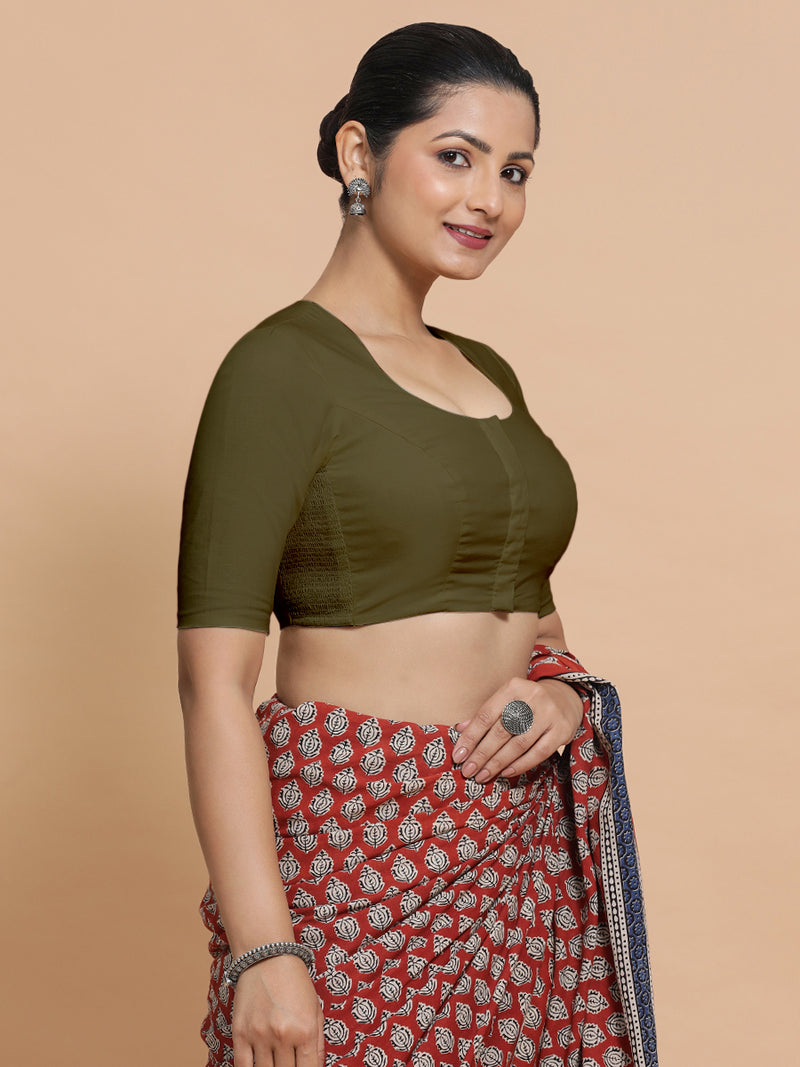 Shifa x Rozaana | Pot Neck Saree Blouse in Deep Olive Green Linen-Binks