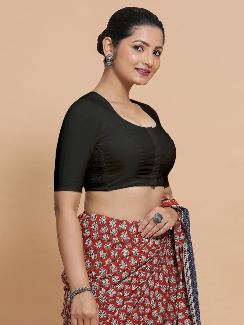 Shifa x Rozaana | Pot Neck Saree Blouse in Ebony Black Linen-Binks
