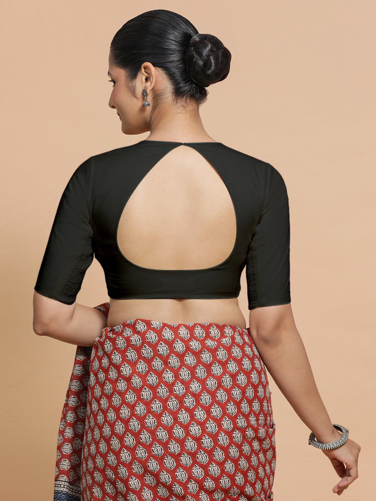 Shifa x Rozaana Saree Blouse, in Black Linen, featuring elbow sleeves and pot neckline, made for daily & work (view 2).