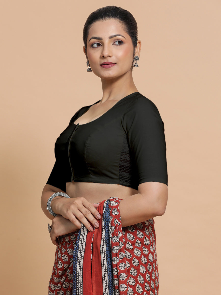 Shifa x Rozaana Saree Blouse, in Black Linen, featuring elbow sleeves and pot neckline, made for daily & work (view 5).