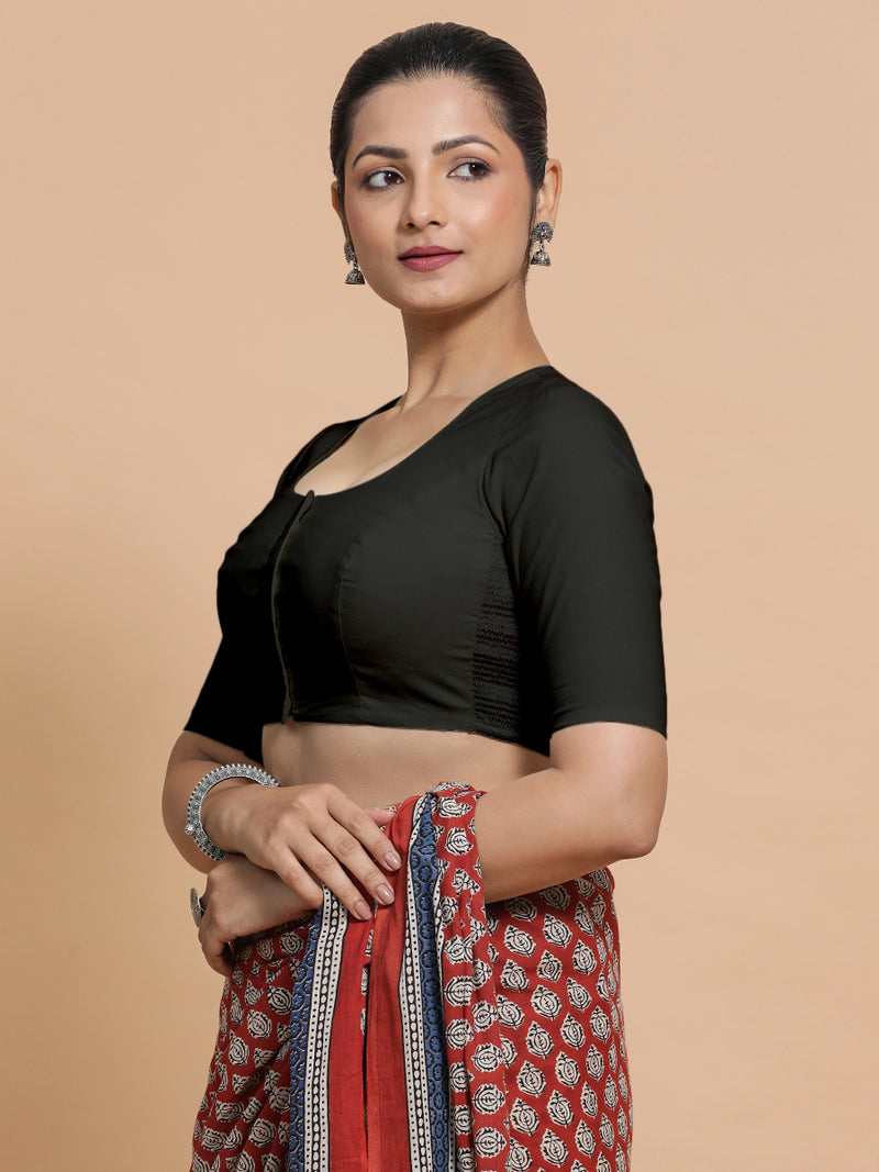 Shifa x Rozaana | Pot Neck Saree Blouse in Ebony Black Linen-Binks