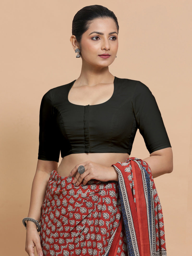 Shifa x Rozaana | Pot Neck Saree Blouse in Ebony Black Linen-Binks