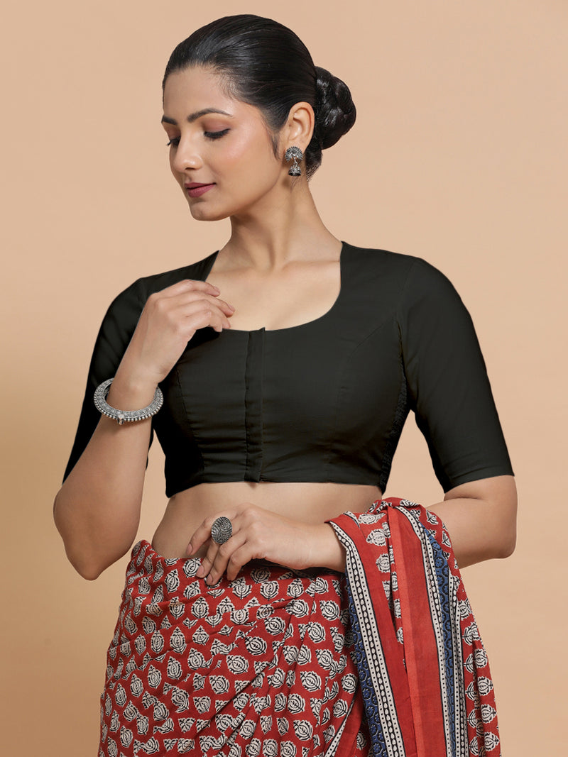 Shifa x Rozaana | Pot Neck Saree Blouse in Ebony Black Linen-Binks