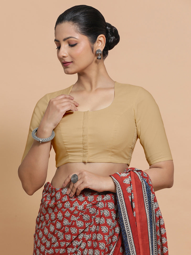 Shifa x Rozaana | Pot Neck Saree Blouse in Ecru Beige Linen-Binks