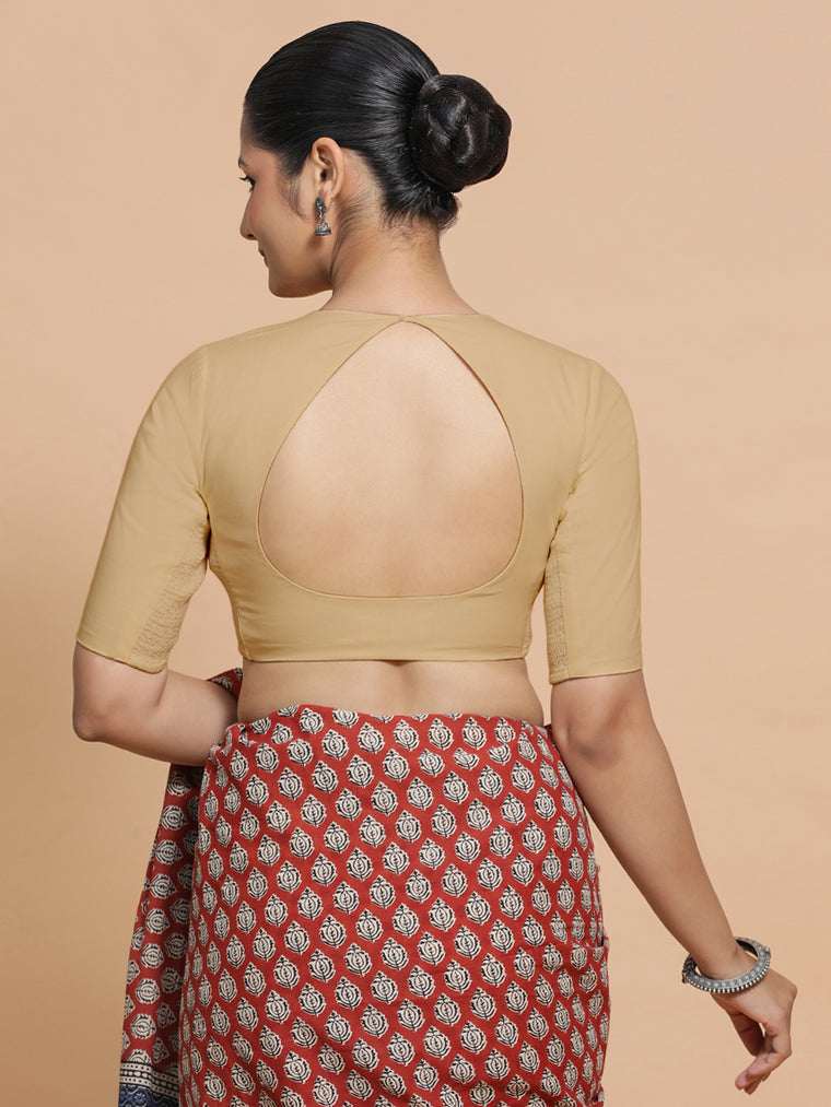 Shifa x Rozaana Saree Blouse, in Beige Linen, featuring elbow sleeves and pot neckline, made for daily & work (view 2).