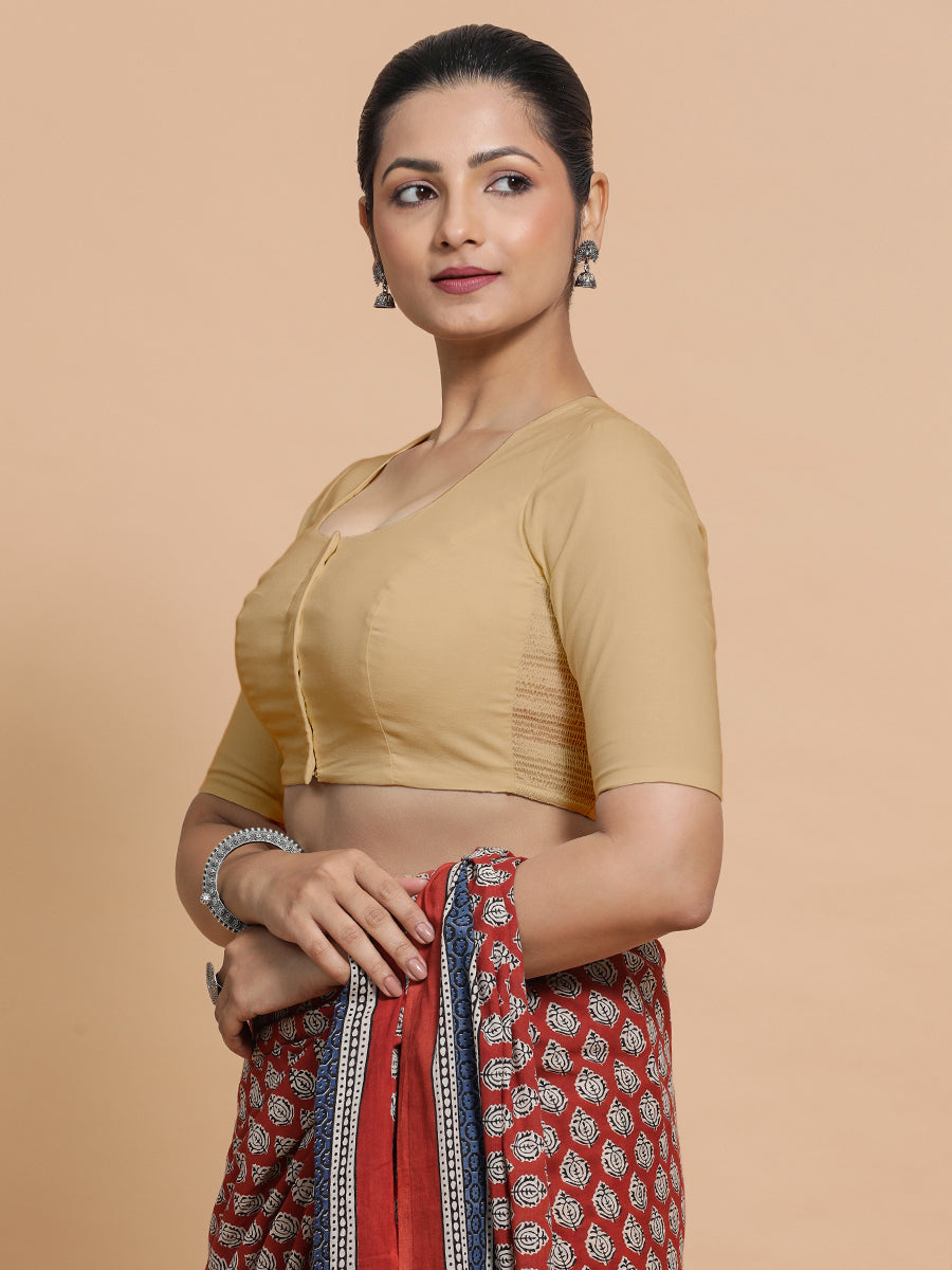Shifa x Rozaana Saree Blouse, in Beige Linen, featuring elbow sleeves and pot neckline, made for daily & work (view 5).