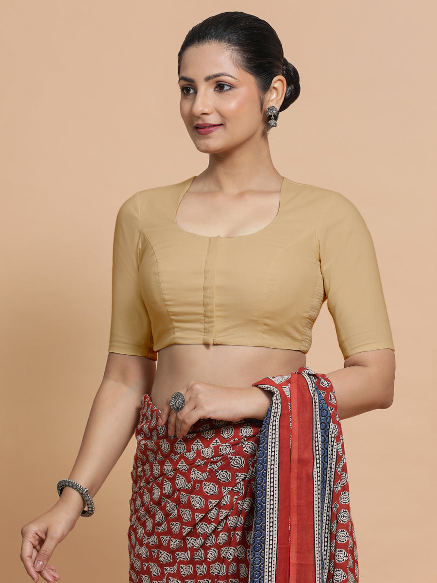 Shifa x Rozaana Saree Blouse, in Beige Linen, featuring elbow sleeves and pot neckline, made for daily & work (view 6).
