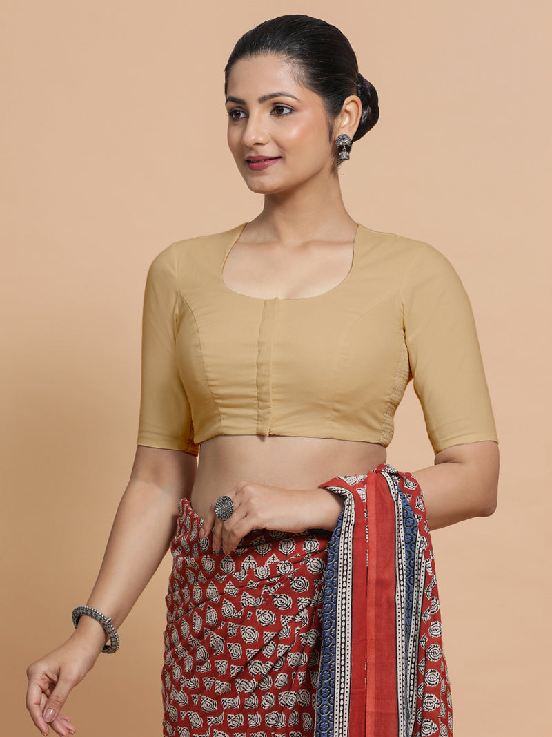 Shifa x Rozaana | Pot Neck Saree Blouse in Ecru Beige Linen-Binks
