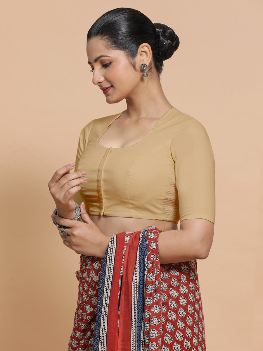 Shifa x Rozaana Saree Blouse, in Beige Linen, featuring elbow sleeves and pot neckline, made for daily & work (view 7).