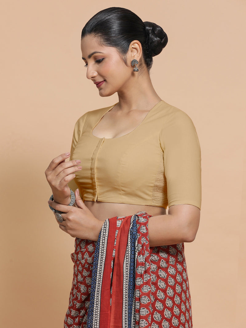 Shifa x Rozaana | Pot Neck Saree Blouse in Ecru Beige Linen-Binks