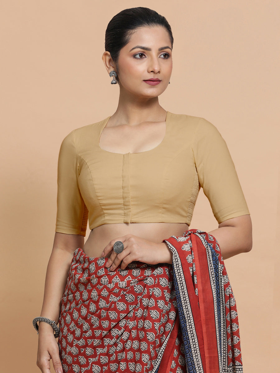 Shifa x Rozaana Saree Blouse, in Beige Linen, featuring elbow sleeves and pot neckline, made for daily & work (view 8).