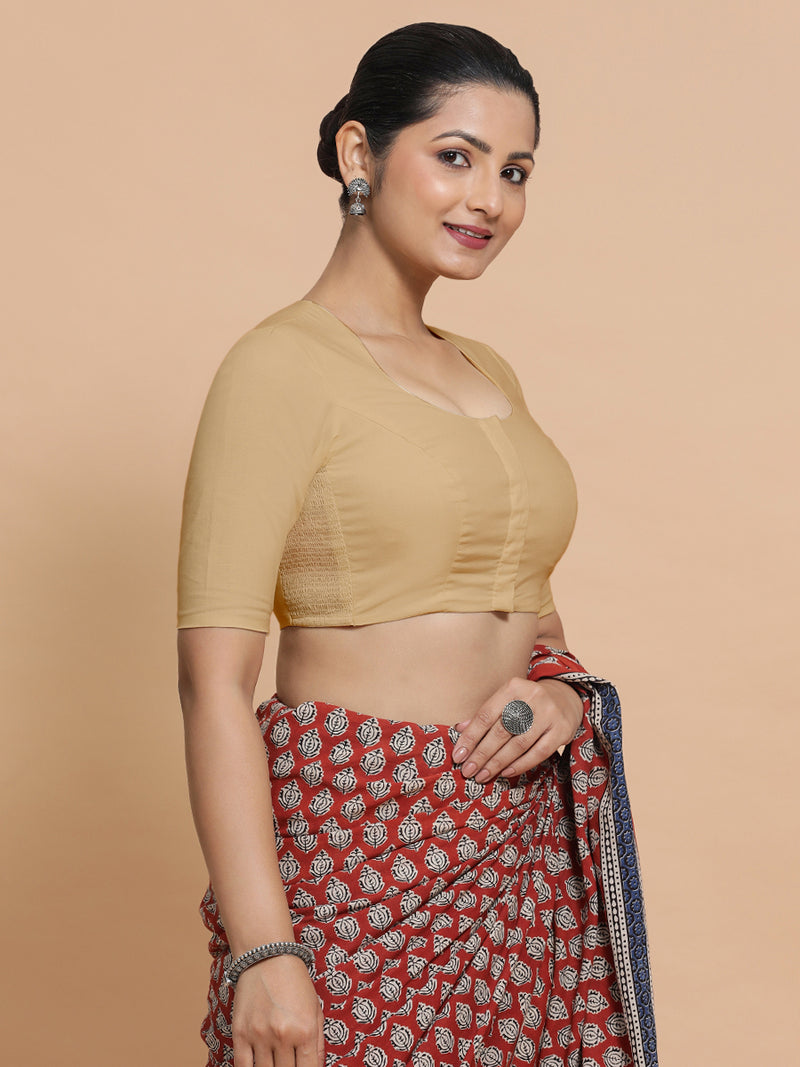Shifa x Rozaana | Pot Neck Saree Blouse in Ecru Beige Linen-Binks