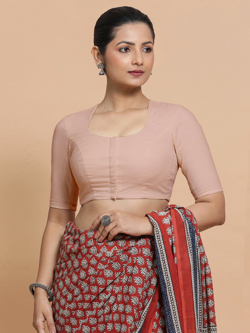 Shifa x Rozaana | Pot Neck Saree Blouse in Misty Pink Linen-Binks