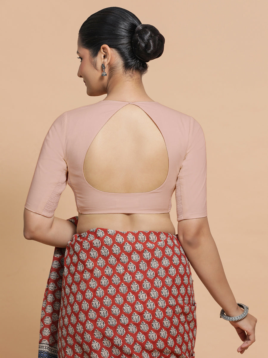 Shifa x Rozaana Saree Blouse, in Pink Linen, featuring elbow sleeves and pot neckline, made for daily & work (view 2).