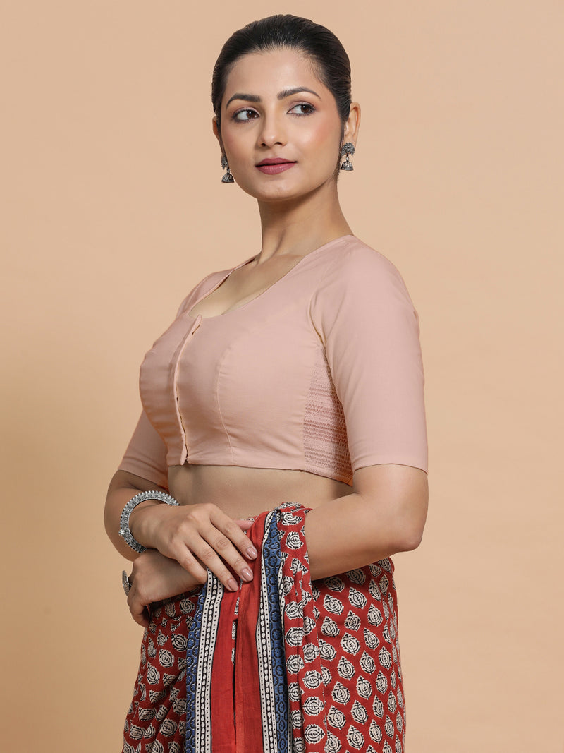 Shifa x Rozaana | Pot Neck Saree Blouse in Misty Pink Linen-Binks