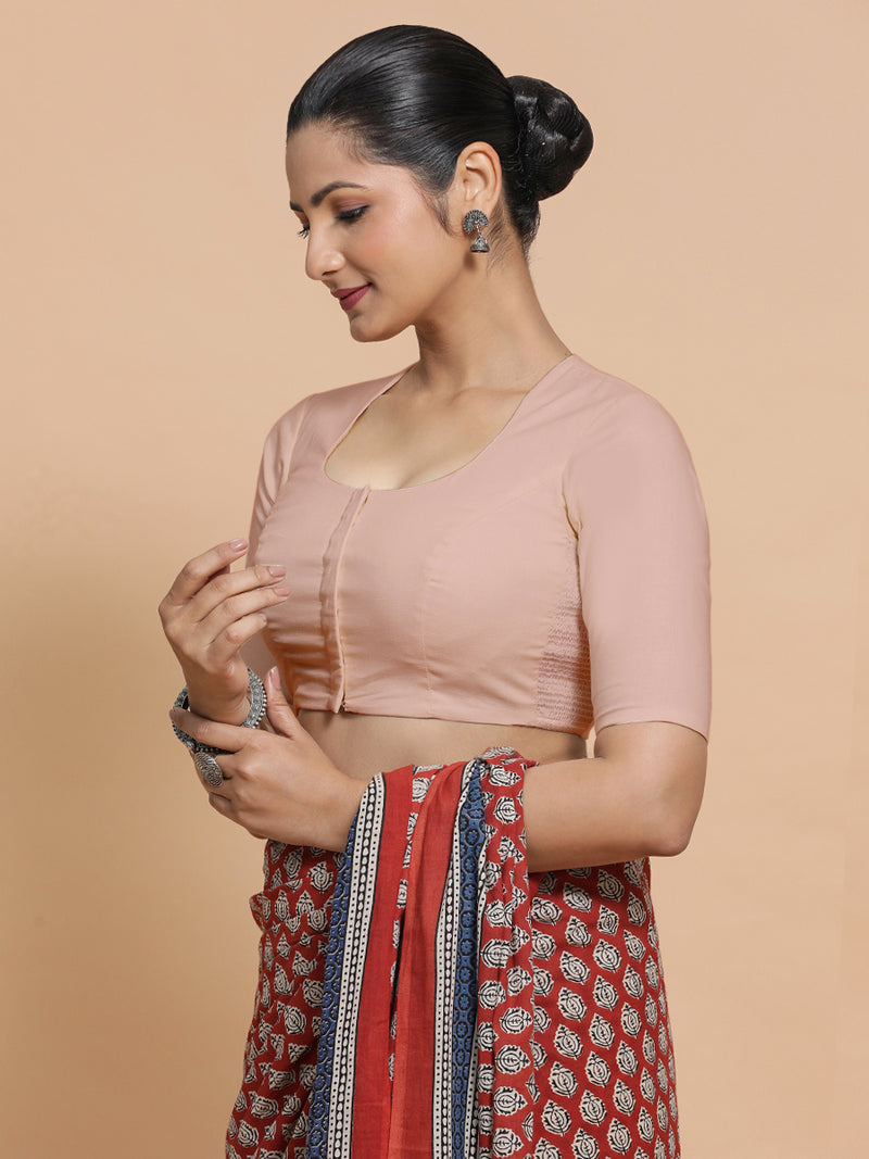 Shifa x Rozaana | Pot Neck Saree Blouse in Misty Pink Linen-Binks