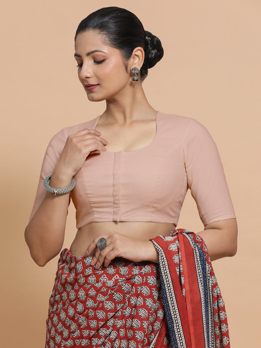 Shifa x Rozaana Saree Blouse, in Pink Linen, featuring elbow sleeves and pot neckline, made for daily & work (view 8).