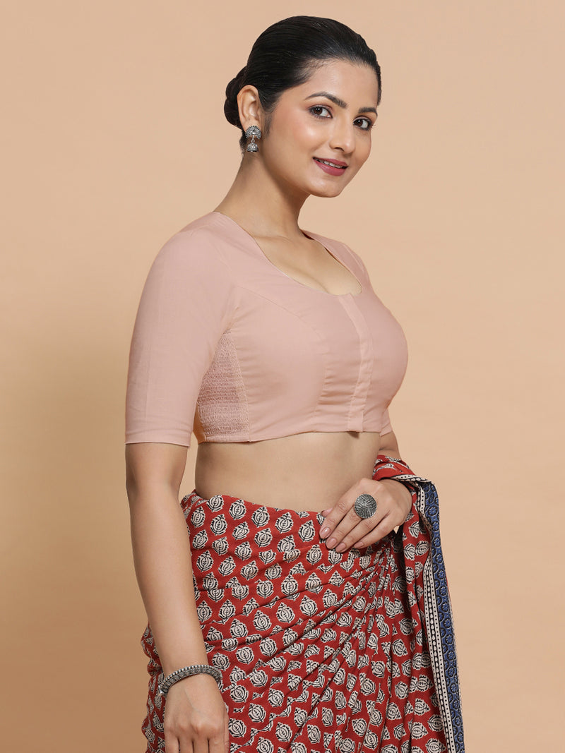 Shifa x Rozaana | Pot Neck Saree Blouse in Misty Pink Linen-Binks