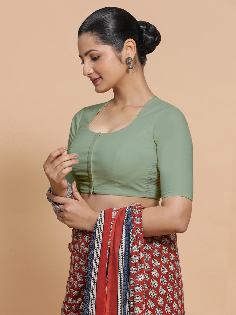 Shifa x Rozaana | Pot Neck Saree Blouse in Peppermint Green Linen-Binks