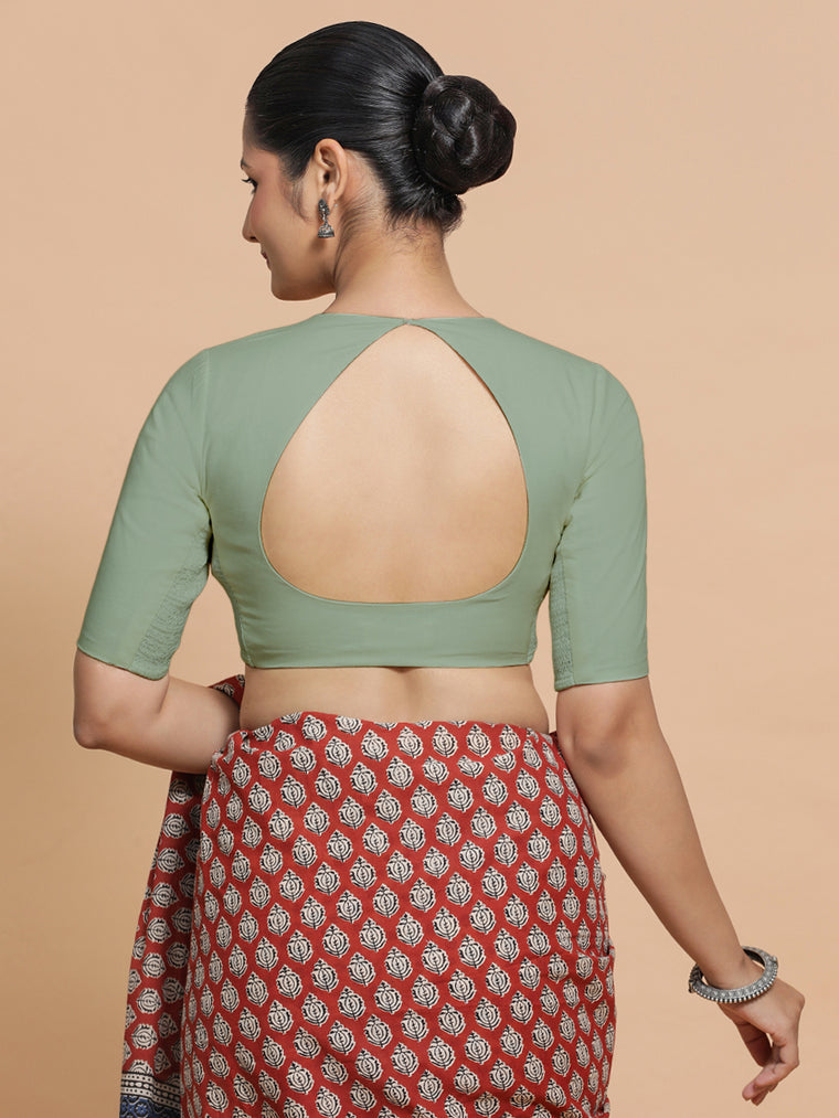Shifa x Rozaana Saree Blouse, in Green Linen, featuring elbow sleeves and pot neckline, made for daily & work (view 2).
