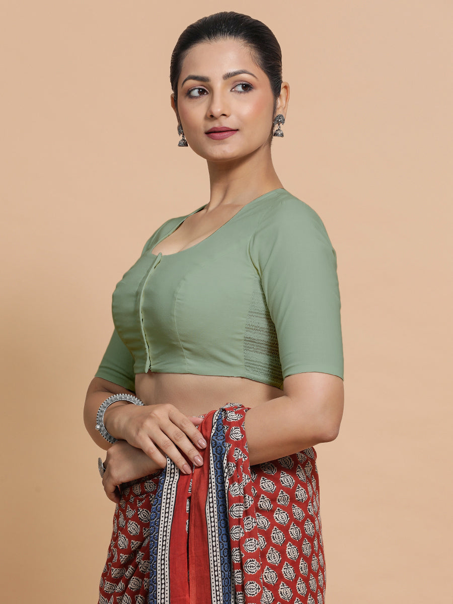 Shifa x Rozaana Saree Blouse, in Green Linen, featuring elbow sleeves and pot neckline, made for daily & work (view 5).