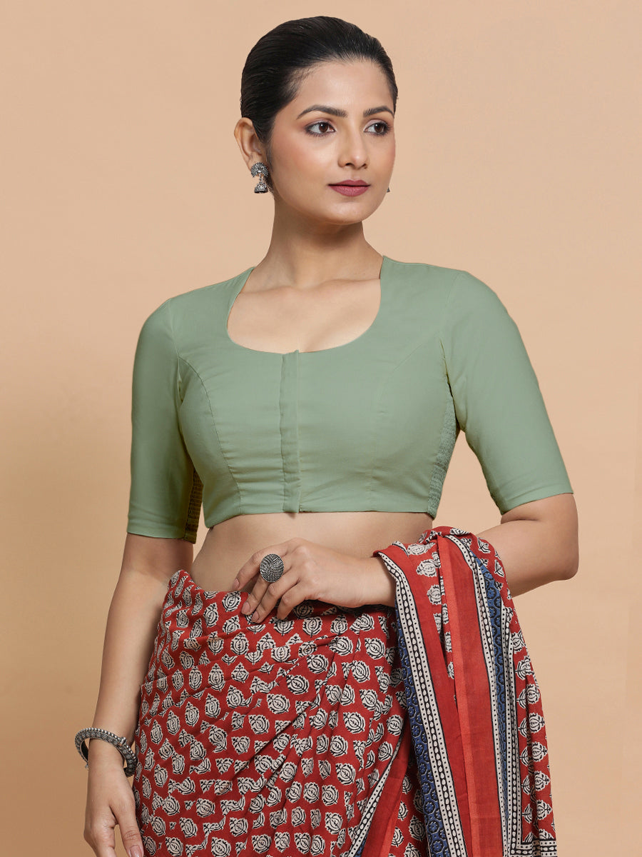 Shifa x Rozaana Saree Blouse, in Green Linen, featuring elbow sleeves and pot neckline, made for daily & work (view 7).