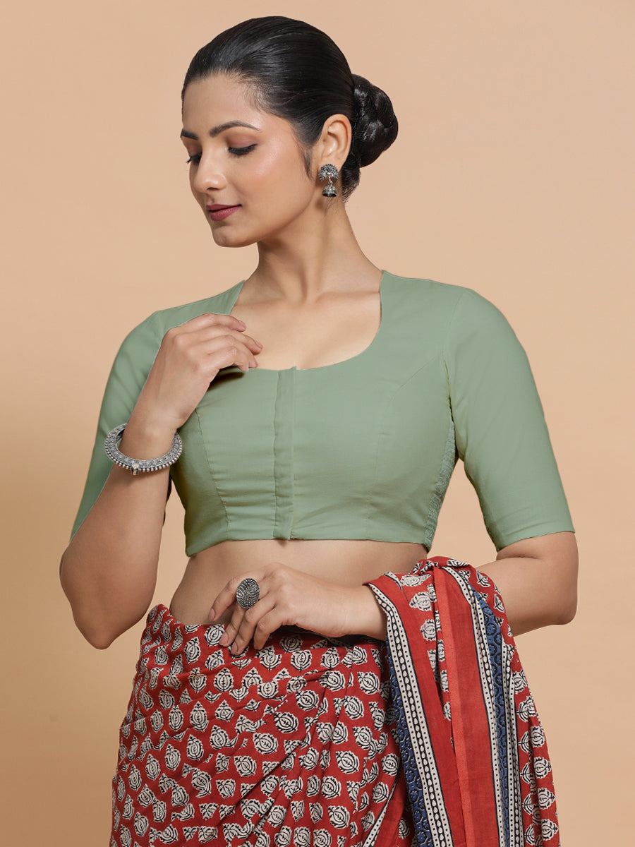 Shifa x Rozaana Saree Blouse, in Green Linen, featuring elbow sleeves and pot neckline, made for daily & work (view 8).