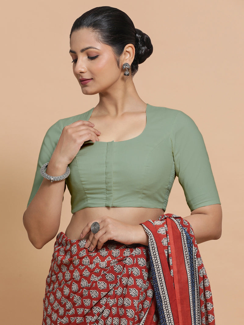 Shifa x Rozaana | Pot Neck Saree Blouse in Peppermint Green Linen-Binks