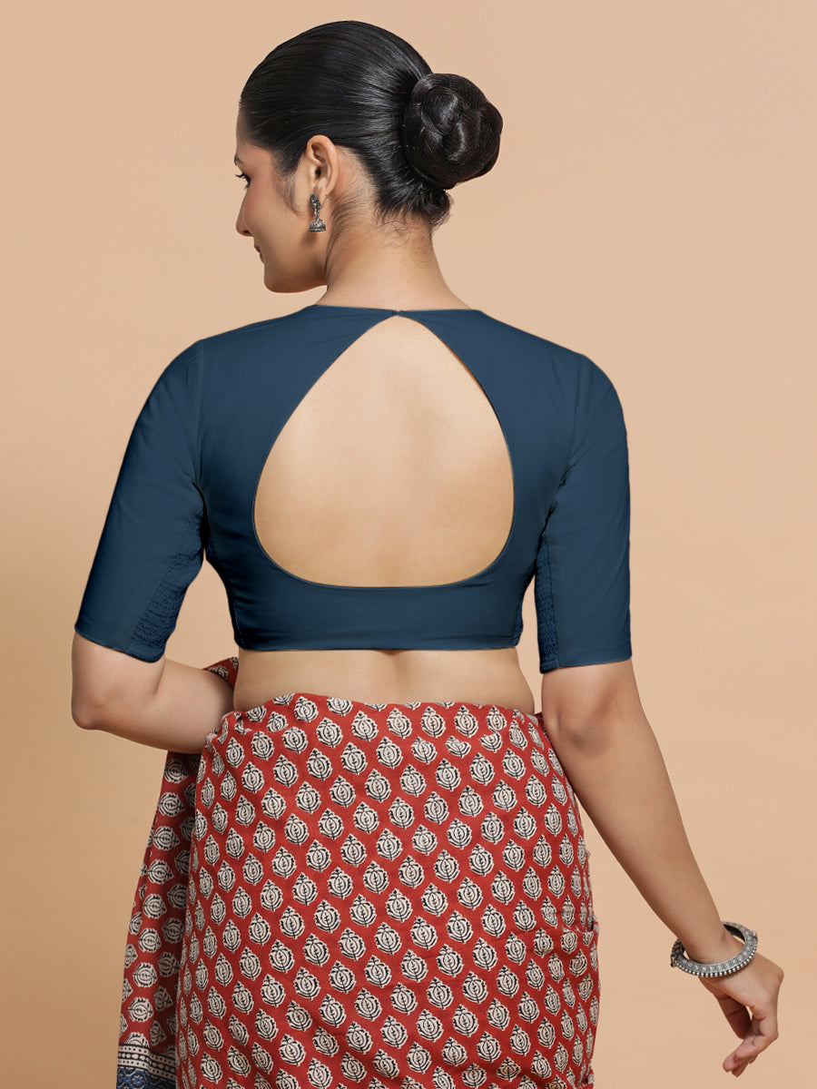 Shifa x Rozaana Saree Blouse, in Blue Linen, featuring elbow sleeves and pot neckline, made for daily & work (view 2).