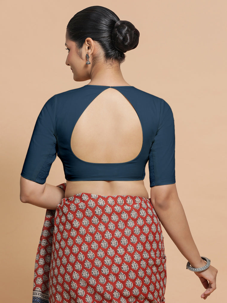 Shifa x Rozaana Saree Blouse, in Blue Linen, featuring elbow sleeves and pot neckline, made for daily & work (view 2).