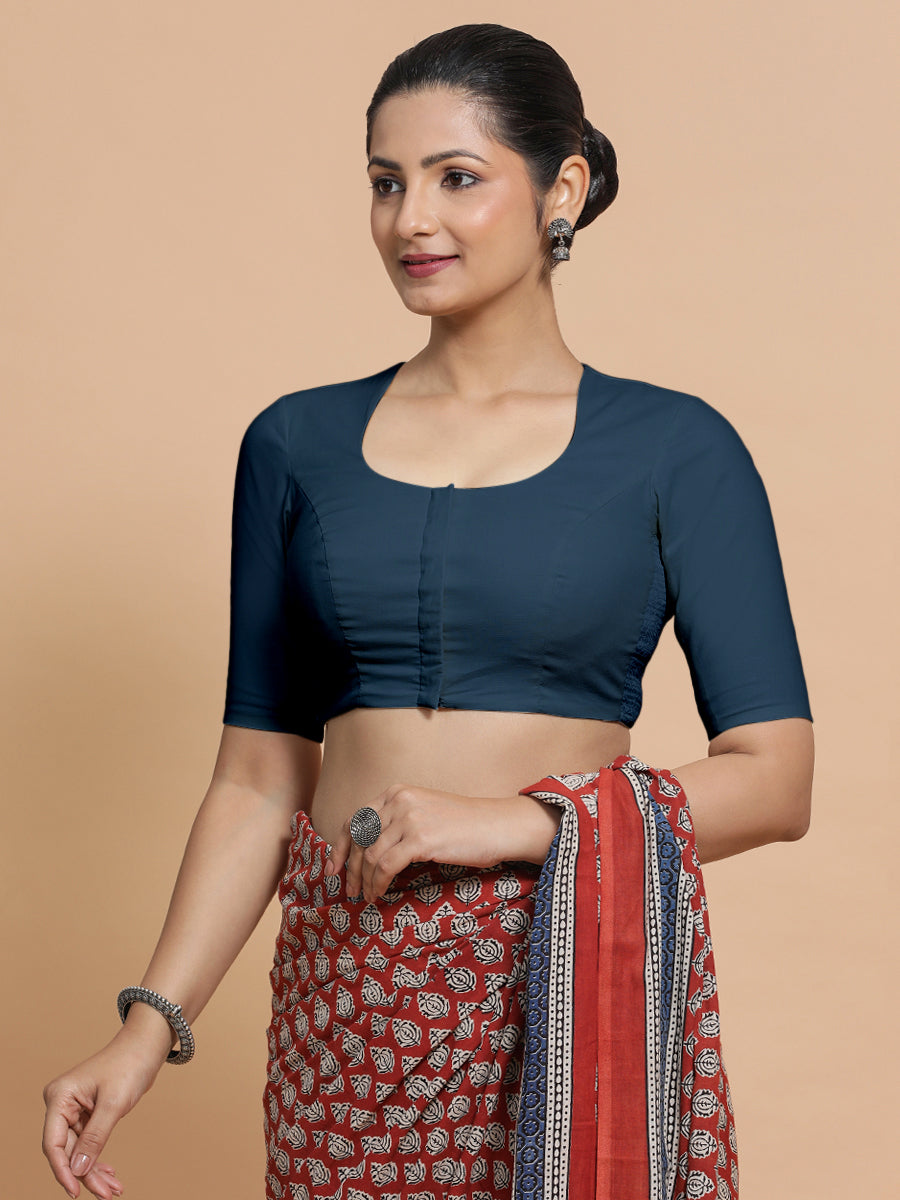 Shifa x Rozaana Saree Blouse, in Blue Linen, featuring elbow sleeves and pot neckline, made for daily & work (view 6).