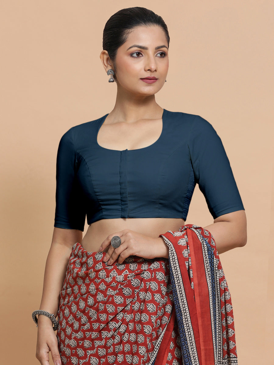 Shifa x Rozaana Saree Blouse, in Blue Linen, featuring elbow sleeves and pot neckline, made for daily & work (view 7).