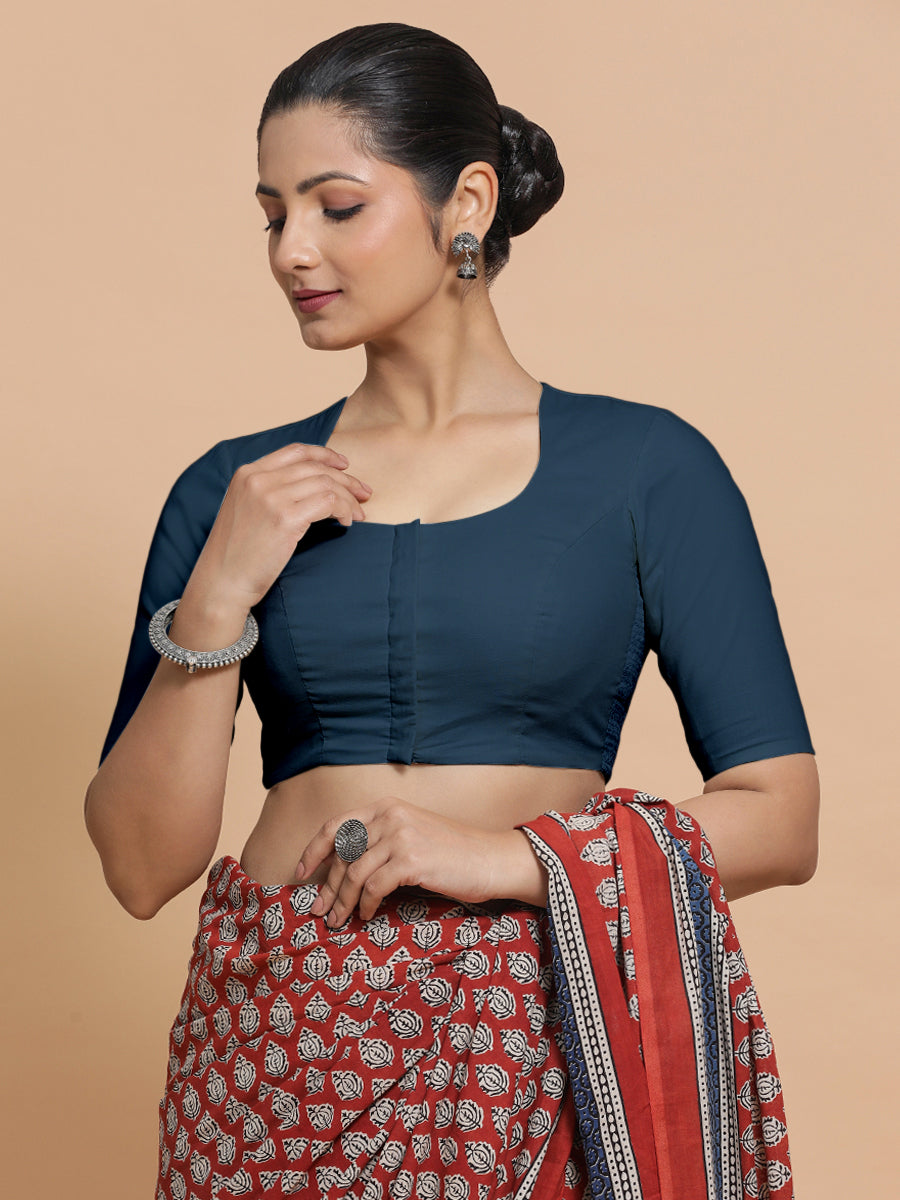 Shifa x Rozaana Saree Blouse, in Blue Linen, featuring elbow sleeves and pot neckline, made for daily & work (view 8).