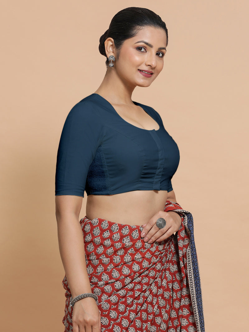 Shifa x Rozaana | Pot Neck Saree Blouse in Regal Blue Linen-Binks