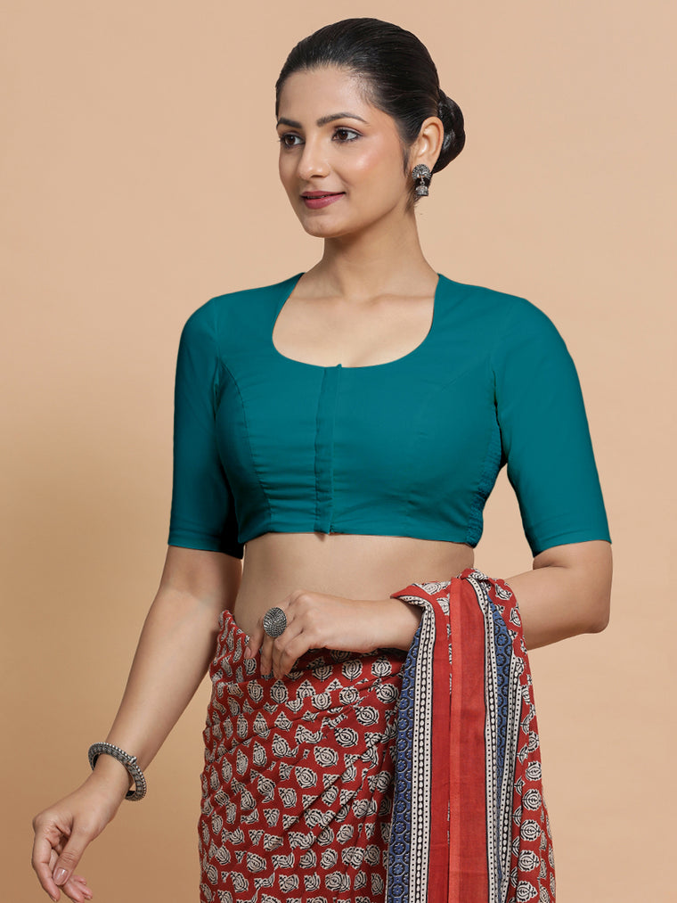 Shifa x Rozaana Saree Blouse, in Blue Linen, featuring elbow sleeves and pot neckline, made for daily & work.