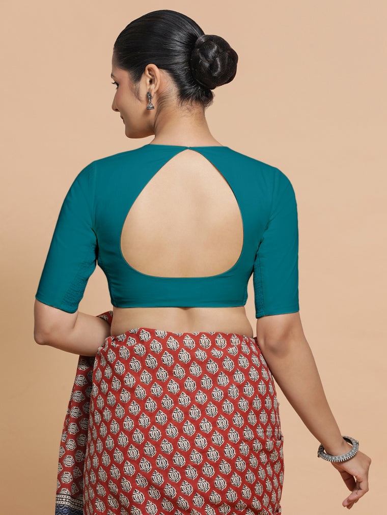 Shifa x Rozaana Saree Blouse, in Blue Linen, featuring elbow sleeves and pot neckline, made for daily & work (view 2).