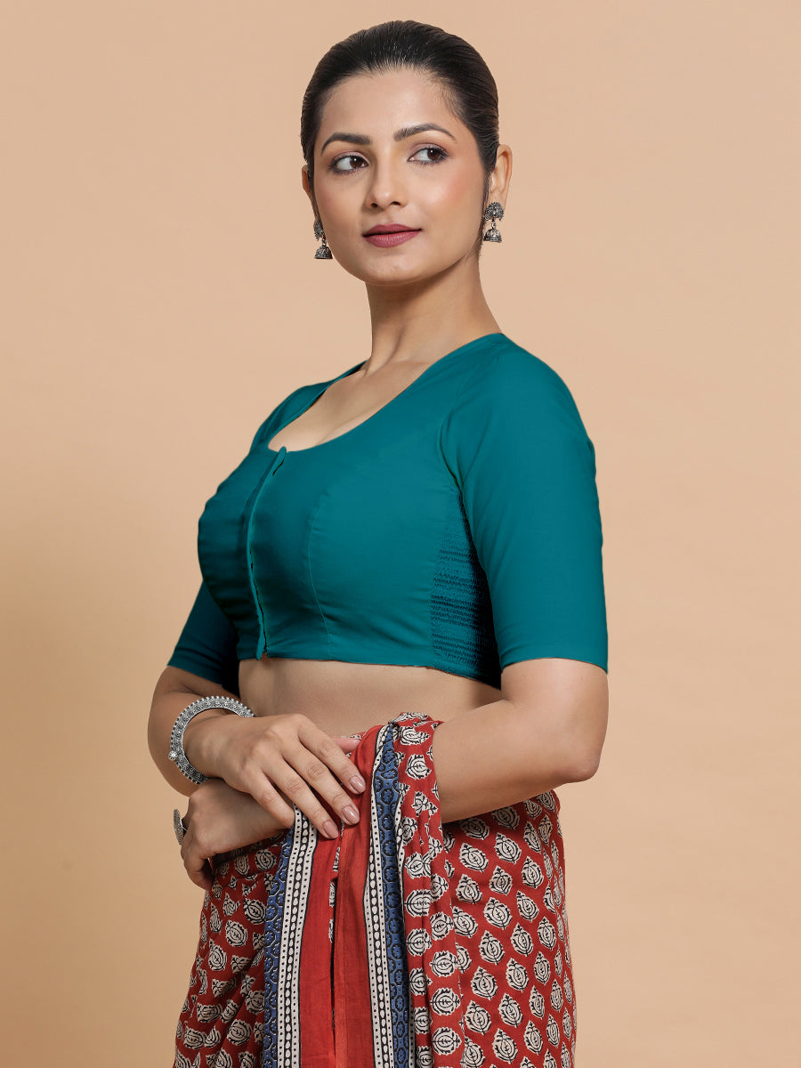Shifa x Rozaana Saree Blouse, in Blue Linen, featuring elbow sleeves and pot neckline, made for daily & work (view 5).
