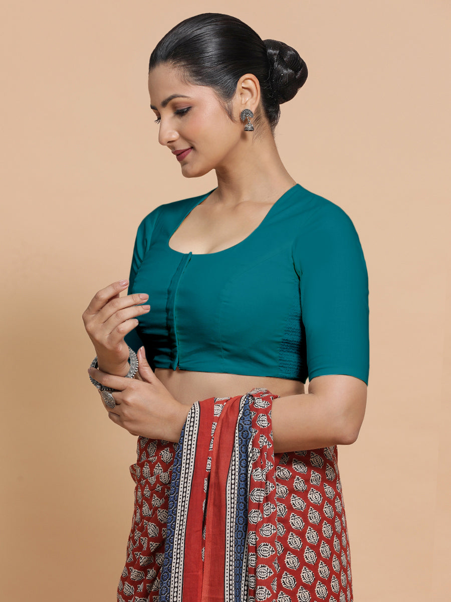 Shifa x Rozaana Saree Blouse, in Blue Linen, featuring elbow sleeves and pot neckline, made for daily & work (view 6).