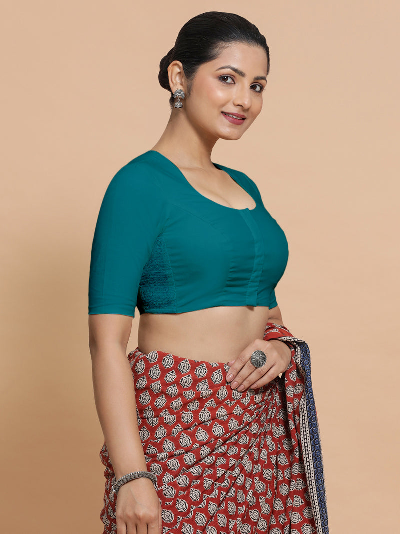 Shifa x Rozaana | Pot Neck Saree Blouse in Teal Blue Linen-Binks