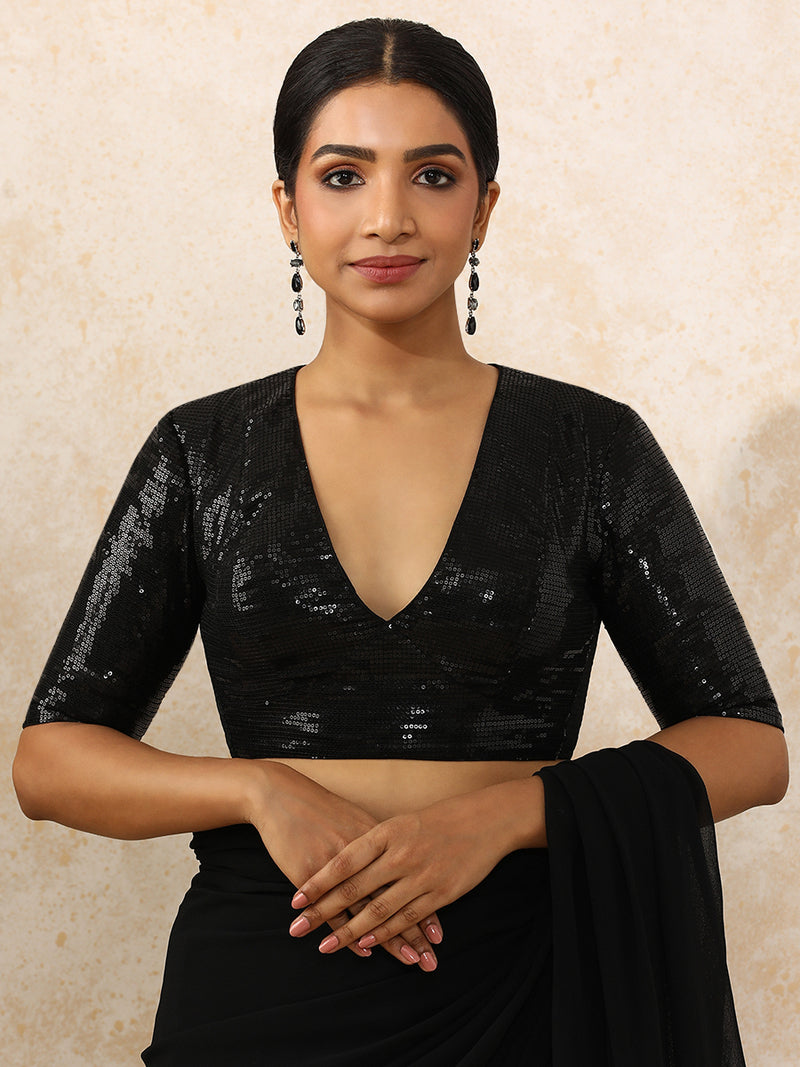 Shireen x Tyohaar | Elbow Sleeves Black Sequined Saree Blouse with Plunging V-Neck-Binks