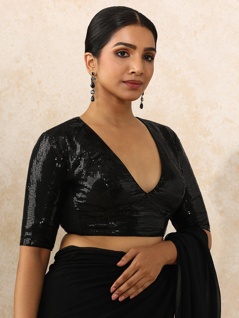 Shireen x Tyohaar | Elbow Sleeves Black Sequined Saree Blouse with Plunging V-Neck-Binks