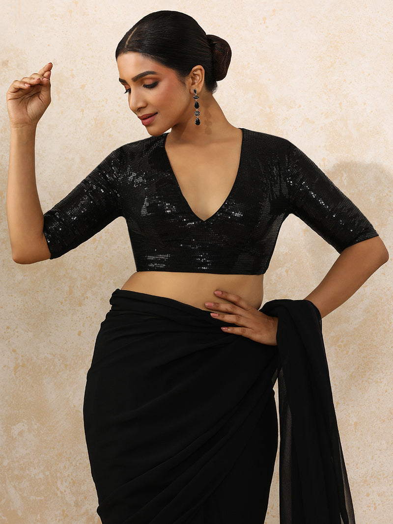 Shireen x Tyohaar | Elbow Sleeves Black Sequined Saree Blouse with Plunging V-Neck-Binks
